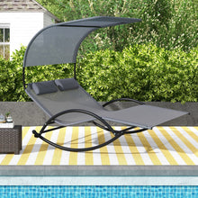 Load image into Gallery viewer, Chaise Longue Double Chaise  Bascule pour 2 Personnes 2 Appui-T锚tes Amovibles Cadre en Mtal Robuste Lit de Repos Ergonomique 2 Places Gris/Noir/Beige -