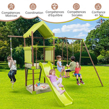 Load image into Gallery viewer, Balanoire 7-en-1 Aire de Jeu en Mtal avec Fort Couvert Rglable en Hauteur Corde d'Escalade Bac  Sable Glisseur Toboggan Ondul Vert -