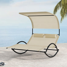 Load image into Gallery viewer, Chaise Longue Double Chaise  Bascule pour 2 Personnes 2 Appui-T锚tes Amovibles Cadre en Mtal Robuste Lit de Repos Ergonomique 2 Places Gris/Noir/Beige -