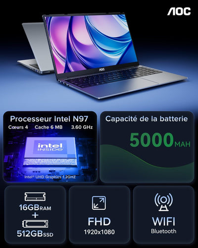 AOC Ordinateur Portable Boîtier Métallique d'un PC Portable 15 6 Pouces FHD 16 Go de DDR4 512 Go de SSD N97 (6M Cache Jusqu'à 3 60 GHz) Wi-FI BT5.0 USB 3 2 Type C HDMI