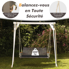 Load image into Gallery viewer, Banc Suspendu de Jardin en Rotin 2 Place Accoudoirs en Bois d'Acacia Cadre en Mtal Coussin Cordes Crochets Blanc/Noir -