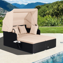 Load image into Gallery viewer, Chaise Longue à 2 Places en Rotin avec Auvent Rétractable Bain de Soleil avec Panneaux Latéraux Pliables Charge 360KG Beige/Gris -