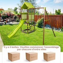 Load image into Gallery viewer, Balançoire 7-en-1 Aire de Jeu en Métal avec Fort Couvert Réglable en Hauteur Corde d'Escalade Bac à Sable Glisseur Toboggan Ondulé Vert -