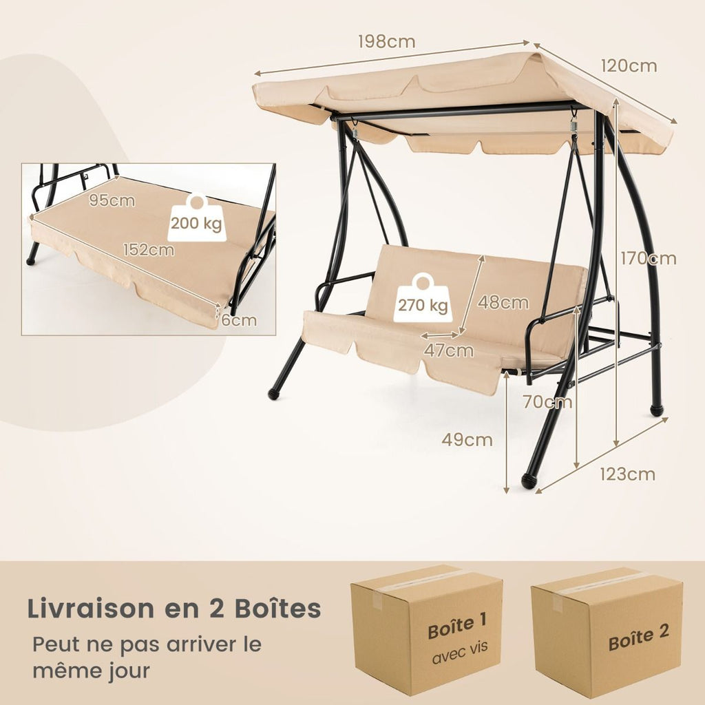 Balancelle d'Extérieur Convertible 2 Places avec Lit Plat Hamac de Terrasse avec Auvent Réglable et Coussin Amovible Pour Jardin -