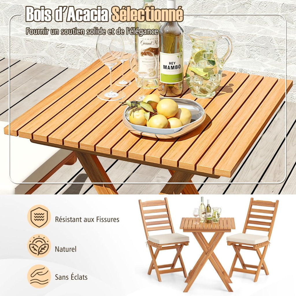 Ensemble Bistrot d'Extrieur en Bois d'Acacia Ensemble de Chaises Pliantes et Table Coussins de Sige Sans Accoudoirs  Dossier Haut Blanc -