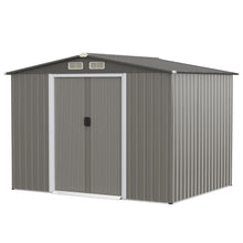 Load image into Gallery viewer, Abri de Jardin Métal Extérieur 9.74m³ Acier Galvanisé avec Fondation 4 Persiennes Double Porte et Rampe 260 x 207 x 181 cm Gris Foncé/Gris Clair -