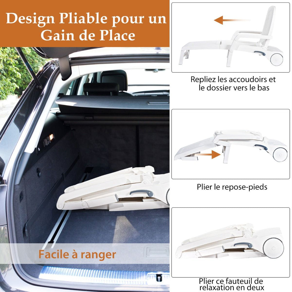Chaise Longue Inclinable Réglable à 5 Positions avec Roues Flexibles Fauteuil Relax de Camping avec Boîte de Rangement Charge 150KG Blanc -