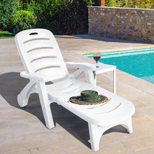 Load image into Gallery viewer, Chaise Longue Pliable Dossier Inclinable à 5 Positions avec Roues Intégrées pour Terrasse Jardin Piscine 150 kg Gris/Blanc/Bleu -