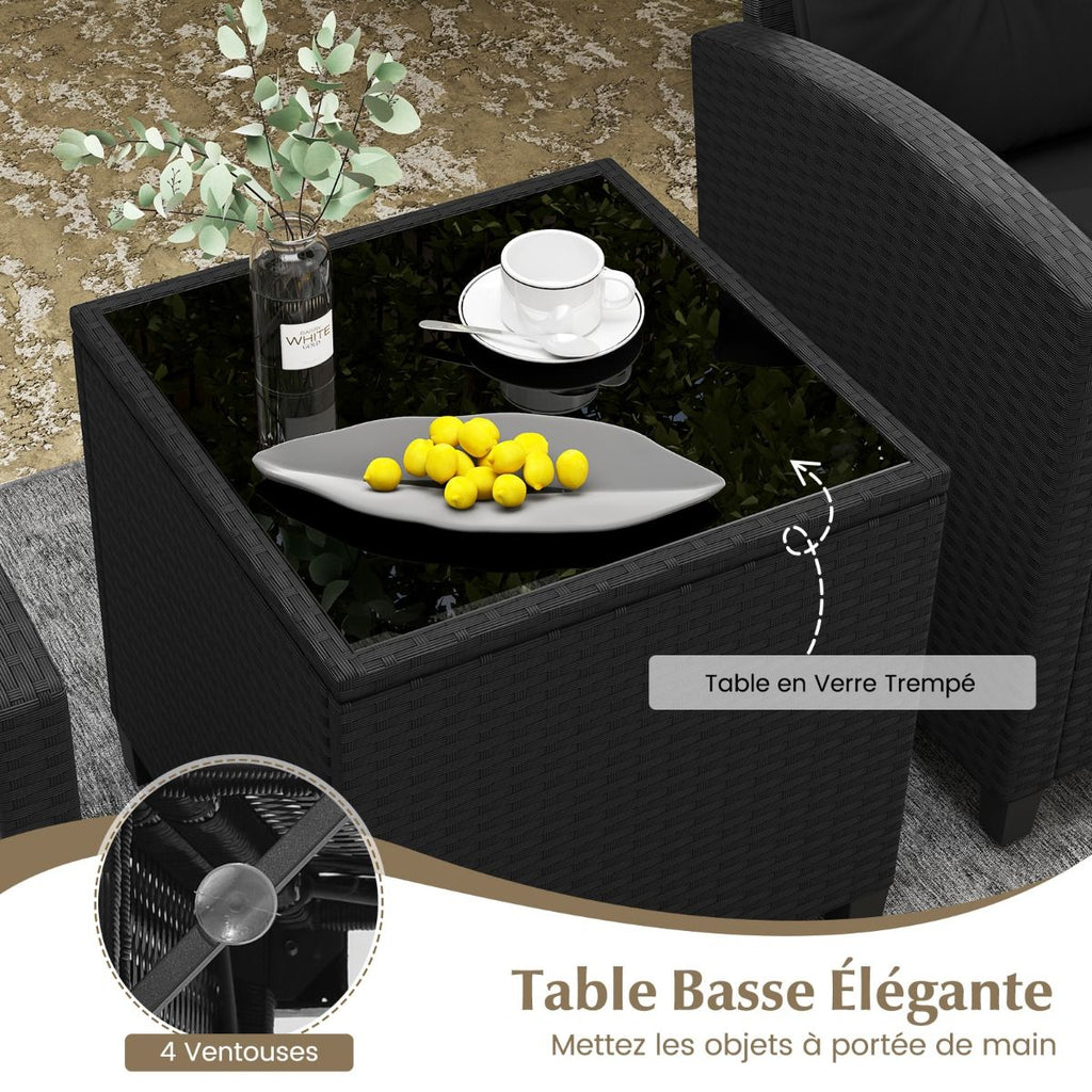 Ensemble de Meubles 3 Pièces de Patio en Rotin Charge 180KG Salon de Jardin 2 Fauteuils Table Basse avec Plateau Noir/Beige/Blanc -