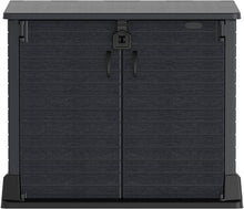 Load image into Gallery viewer, Duramax StoreAway 1200L Plastic Garden Shed/ Flat Lid,Outdoor Storage Shed,Wheelie Bin Hideaways,Wheelie bin box,Durable Construction,Ideal for Bikes,BBQs &amp; 2x 240L Bins,145x85x125 cm,Brown