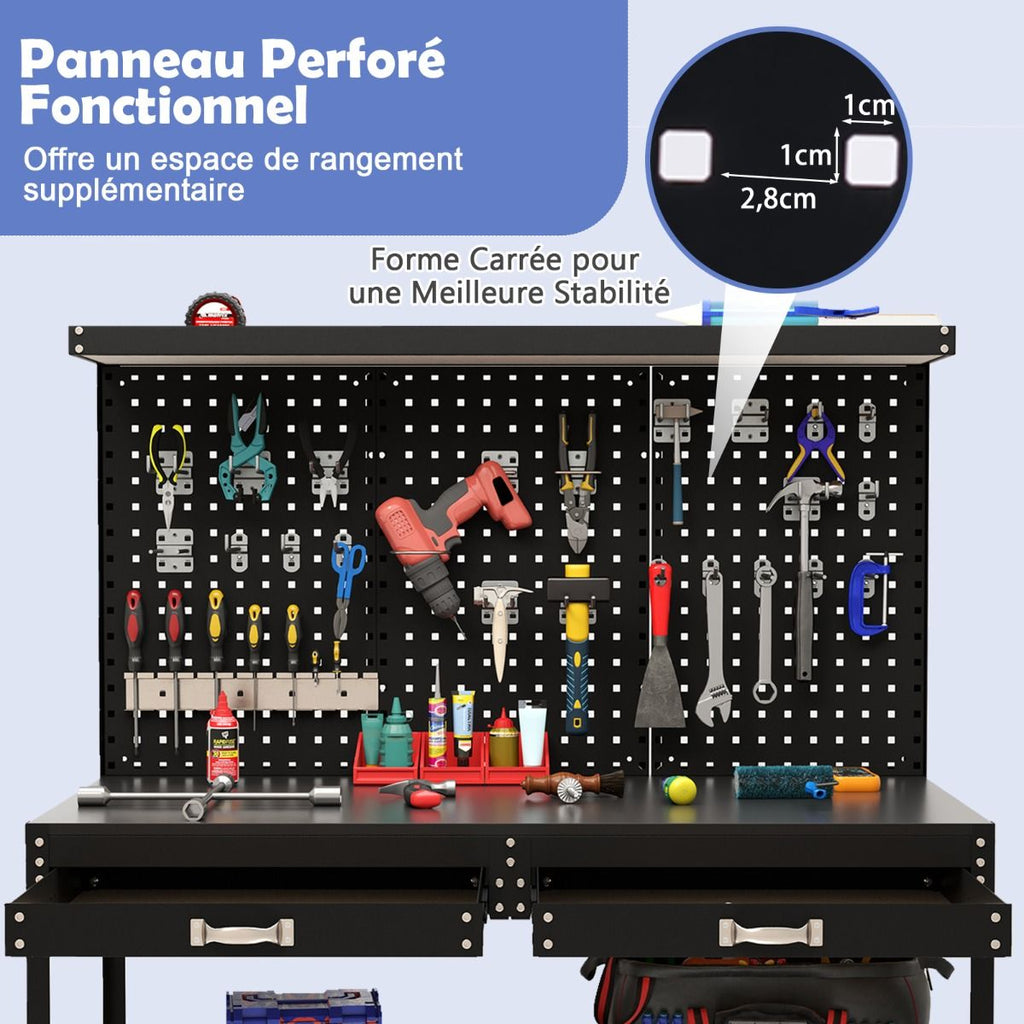 tabli de Bricolage 121 x 61 cm Table de Travail en Mtal de 230 kg avec 3 Panneaux Perfors 24 Accessoires de Suspension Noir/Bleu Marine -