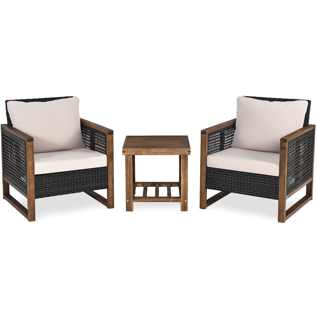 Ensemble Salon de Jardin en Bois d'Acacia Rotin Artisanal Anti-soleil Résistant aux Intempéries pour Porche Balcon Terrasse -