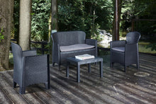 Load image into Gallery viewer, Dmora - Set salon d'extérieur Ostuni, Salon de jardin composé de 2 fauteuils, 1 canapé et 1 table basse, salon effet rotin avec coussins, 100% Made in Italy, Anthracite