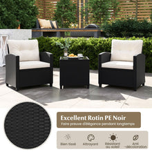 Load image into Gallery viewer, Ensemble de Meubles 3 Pices de Patio en Rotin Charge 180KG Salon de Jardin 2 Fauteuils Table Basse avec Plateau Noir/Beige/Blanc -