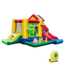 Load image into Gallery viewer, Ch芒teau Gonflable  Thme Arc-en-ciel 7 en 1 avec Ventilateur Double Toboggans Piscine  Balles Panier de Basket Charge 90kg -