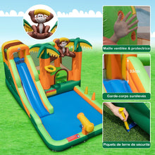 Load image into Gallery viewer, 7 en 1 Ch芒teau Gonflable Tropical  Thme Singe &amp; Palmier avec Toboggan Aquatique avec Piscine &amp; 50 Boules Charge 90kg pour 2 Enfants de 3-10 Ans -