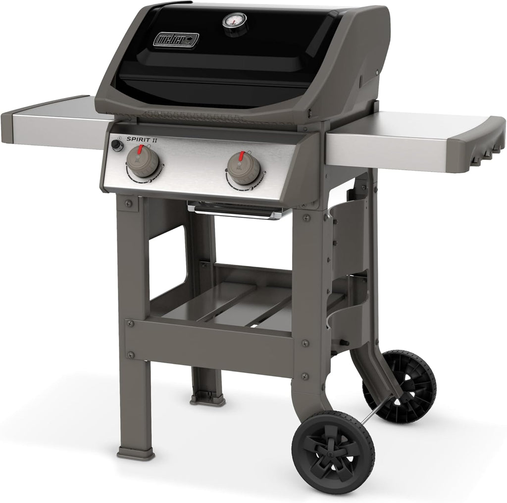 Spirit II E-210 GBS Barbecue à Gaz,2 Brûleurs,Surface de Cuisson 51 x 46 cm,Thermomètre de Couvercle,Table d'Appoint Rabattable (Gauche),4 Roues - Noir et Argent (44010153)