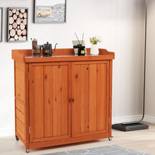 Load image into Gallery viewer, Costwy Rangement de Jardin Armoire en Bois Table de Jardinage avec Etagère Amovible 4 Roues Universelles Plateau en Acier Galvanisé -