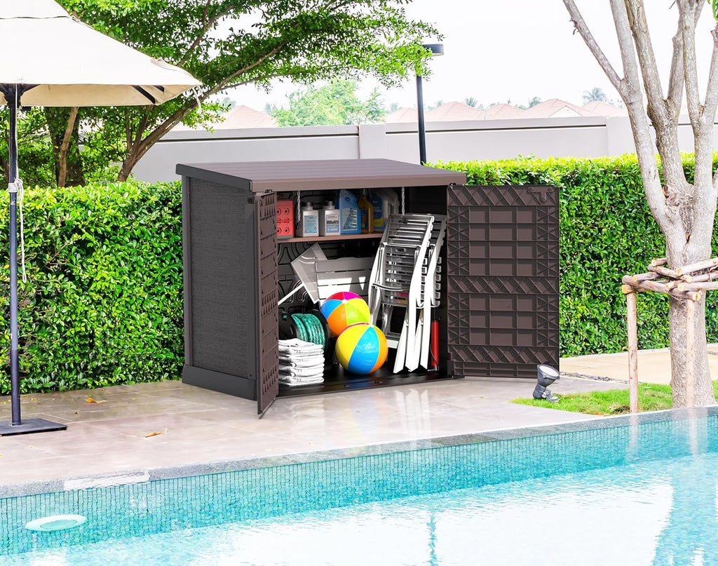 Duramax StoreAway 1200L Plastic Garden Shed/ Flat Lid,Outdoor Storage Shed,Wheelie Bin Hideaways,Wheelie bin box,Durable Construction,Ideal for Bikes,BBQs & 2x 240L Bins,145x85x125 cm,Brown