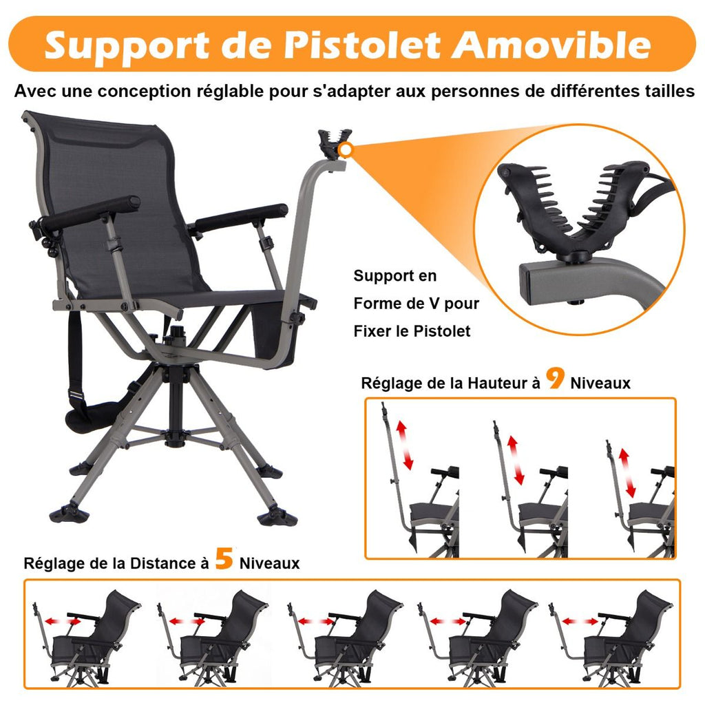 Chaise de Chasse Portable Chaise de Tir avec Sige de Pliable Rglables Rotation  360掳 Support de Fusil Rglable Charge 150 kg Noir -