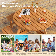 Load image into Gallery viewer, Ensemble Table de Pique-Nique en Bois pour 2 à 8 Personnes Set Table et Banc Circulaire avec 4 Bancs Intégrés Trou de Parasol de 5cm Marron/Jaune -