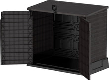 Load image into Gallery viewer, Duramax StoreAway 1200L Plastic Garden Shed/ Flat Lid,Outdoor Storage Shed,Wheelie Bin Hideaways,Wheelie bin box,Durable Construction,Ideal for Bikes,BBQs &amp; 2x 240L Bins,145x85x125 cm,Brown