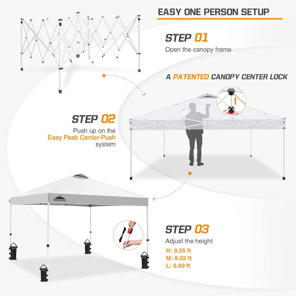 EAGLE PEAK Pop-up tonnelle de Jardin Pliable 3x3m, Tente Pliante avec Pieds Droits Hauteur réglable auvent pour Camping Plage Festival avec Sac à roulettes (Blanc)