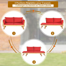 Load image into Gallery viewer, Chaise Longue Convertible avec Coussin Canapé de Jardin 2 en 1 en Bois d’Acacia avec Accoudoir Réglable pour Patio Piscine Jardin Blanc/Gris/Bleu/Rouge -