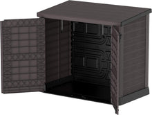 Load image into Gallery viewer, Duramax StoreAway 1200L Plastic Garden Shed/ Flat Lid,Outdoor Storage Shed,Wheelie Bin Hideaways,Wheelie bin box,Durable Construction,Ideal for Bikes,BBQs &amp; 2x 240L Bins,145x85x125 cm,Brown