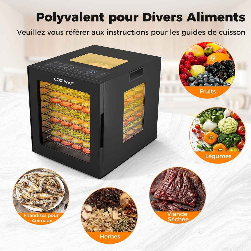 Déshydrateur Alimentaire Séchoir à 10 Plateaux en Acier Inoxydable avec 10 Programmes Préréglés Minuterie de 48H&Température de 30-75Noir -