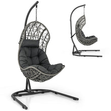 Load image into Gallery viewer, Chaise Oeuf en Rotin PE avec Support avec Oreiller et Coussin Chaise Suspendue avec Accessoires de Suspension Capacité 160 Kg Gris -