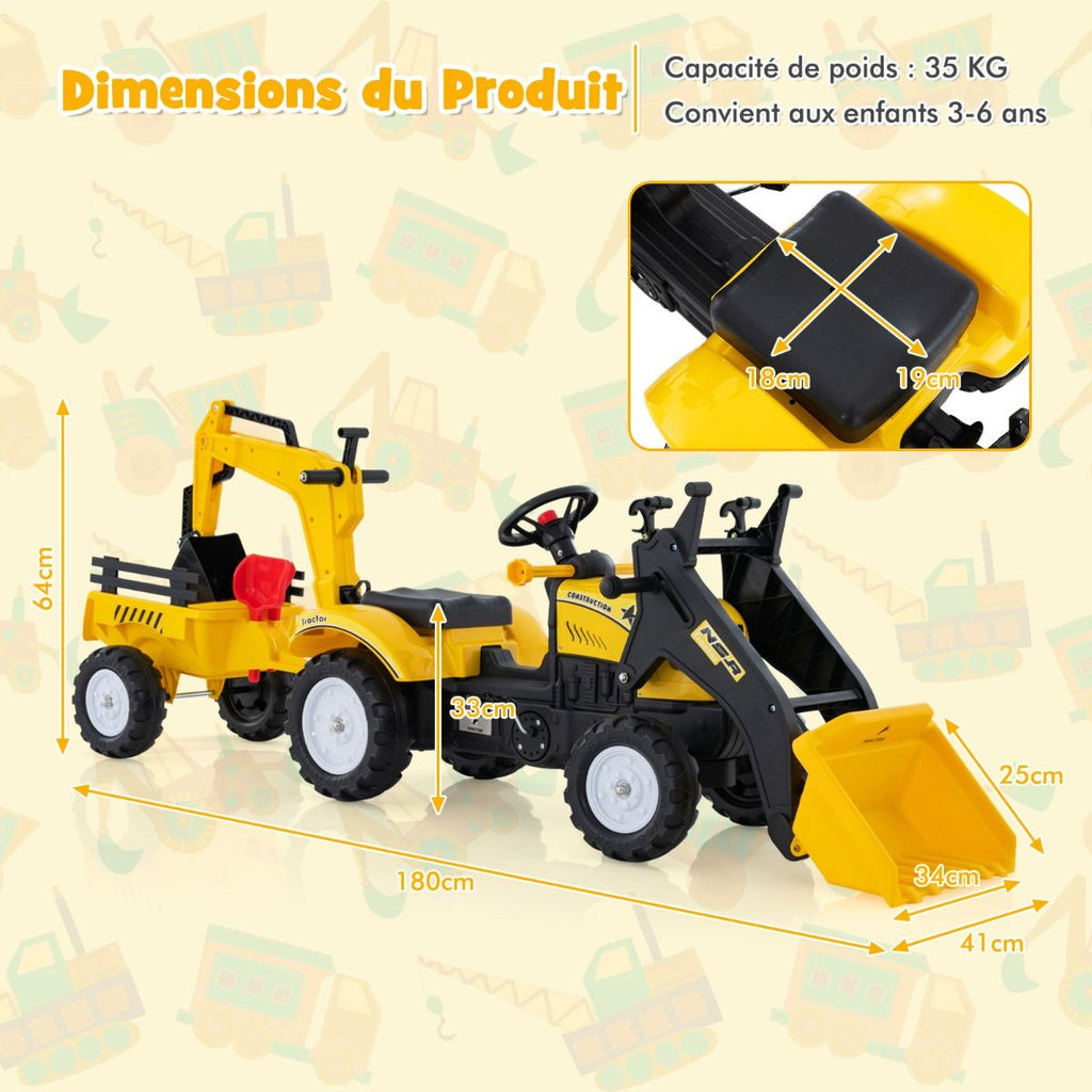 3 en 1 Tracteur pour Enfant avec 6 Roues Jouet Pelle Remorque Amovible avec Volant Klaxon 3  6 Ans Jaune/Vert -