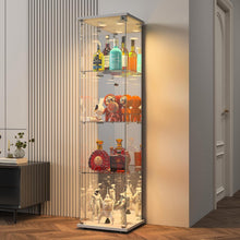Load image into Gallery viewer, BPKADHY Vitrine sur pied en verre à 4 couches - 1 porte - Lampe LED et serrure avec paroi arrière miroir - Armoire de salon pour objets de collection et livres - Blanc