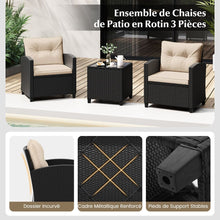 Load image into Gallery viewer, Ensemble de Meubles 3 Pièces de Patio en Rotin Charge 180KG Salon de Jardin 2 Fauteuils Table Basse avec Plateau Noir/Beige/Blanc -