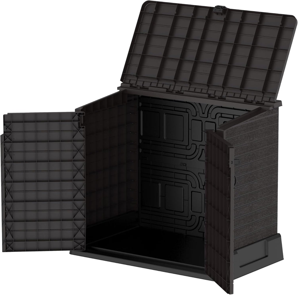 Duramax StoreAway 1200L Plastic Garden Shed/ Flat Lid,Outdoor Storage Shed,Wheelie Bin Hideaways,Wheelie bin box,Durable Construction,Ideal for Bikes,BBQs & 2x 240L Bins,145x85x125 cm,Brown