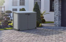 Load image into Gallery viewer, Duramax StoreAway 1200L Plastic Garden Shed/ Flat Lid,Outdoor Storage Shed,Wheelie Bin Hideaways,Wheelie bin box,Durable Construction,Ideal for Bikes,BBQs &amp; 2x 240L Bins,145x85x125 cm,Brown