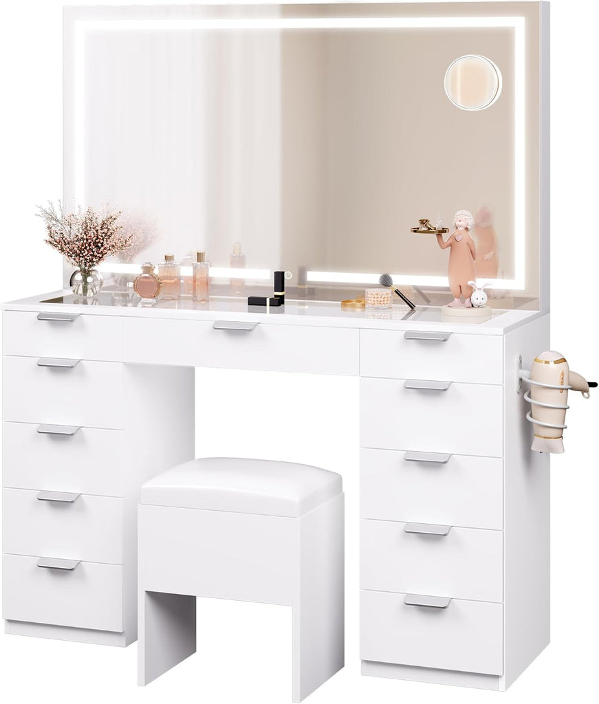 YITAHOME Grande Coiffeuse avec éclairage LED réglable et Prises électriques, Coiffeuse avec Miroir, Toit en Verre Transparent, 11 tiroirs et Tabouret, Blanc