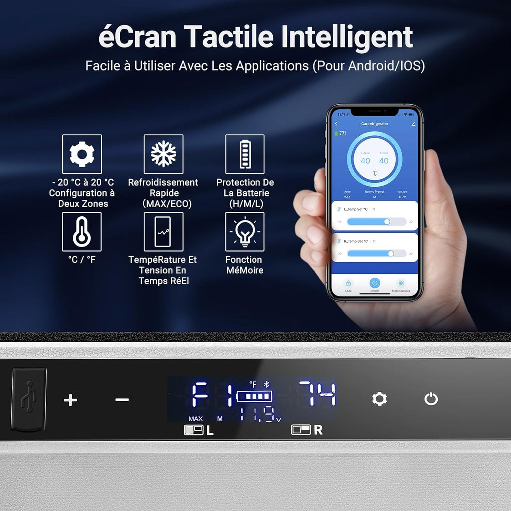 115L Glaciere Electrique Double Zone,Glaciere a Compression WiFi APP,12 V/24 V et 100-240 V Frigo Camping,-20 鈩 20 鈩pour Voiture,Camion,Bateau,Camping,Car,Caravanes,Voyageant,Maison