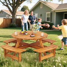 Load image into Gallery viewer, Ensemble Table de Pique-Nique en Bois pour 2  8 Personnes Set Table et Banc Circulaire avec 4 Bancs Intgrs Trou de Parasol de 5cm Marron/Jaune -