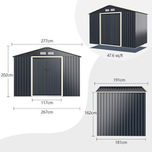 Load image into Gallery viewer, Abri de Jardin en Métal 5,29 77 x 191 x 202 cm avec 2 Portes Coulissantes Verrouillables 4 Trous d’Aération Gris pour Vélo -