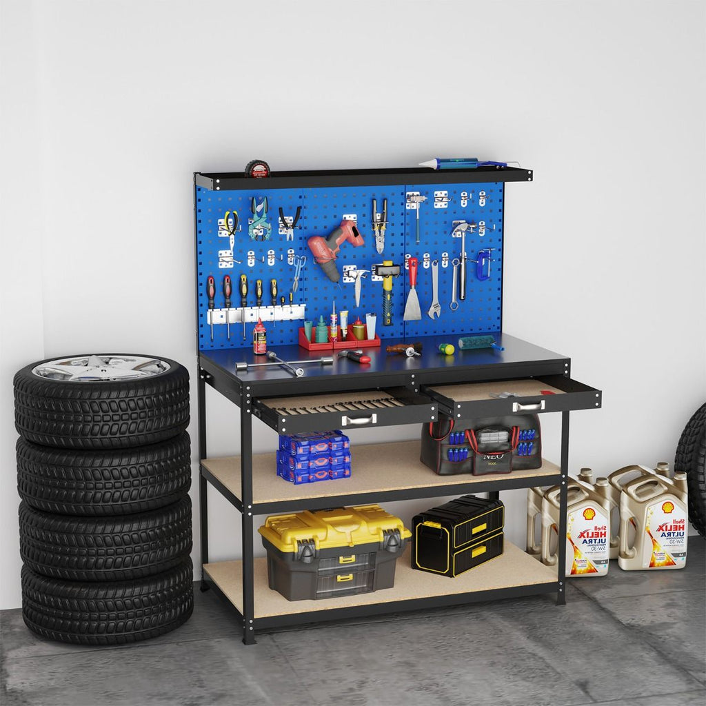 tabli de Bricolage 121 x 61 cm Table de Travail en Mtal de 230 kg avec 3 Panneaux Perfors 24 Accessoires de Suspension Noir/Bleu Marine -