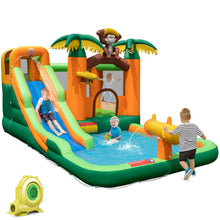 Load image into Gallery viewer, 7 en 1 Château Gonflable Tropical à Thème Singe &amp; Palmier avec Toboggan Aquatique avec Piscine &amp; 50 Boules Charge 90kg pour 2 Enfants de 3-10 Ans -