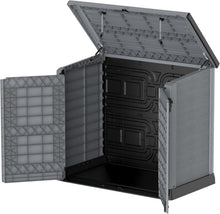 Load image into Gallery viewer, Duramax StoreAway 1200L Plastic Garden Shed/ Flat Lid,Outdoor Storage Shed,Wheelie Bin Hideaways,Wheelie bin box,Durable Construction,Ideal for Bikes,BBQs &amp; 2x 240L Bins,145x85x125 cm,Brown