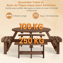 Load image into Gallery viewer, Ensemble Table de Pique-Nique en Bois pour 2 à 8 Personnes Set Table et Banc Circulaire avec 4 Bancs Intégrés Trou de Parasol de 5cm Marron/Jaune -
