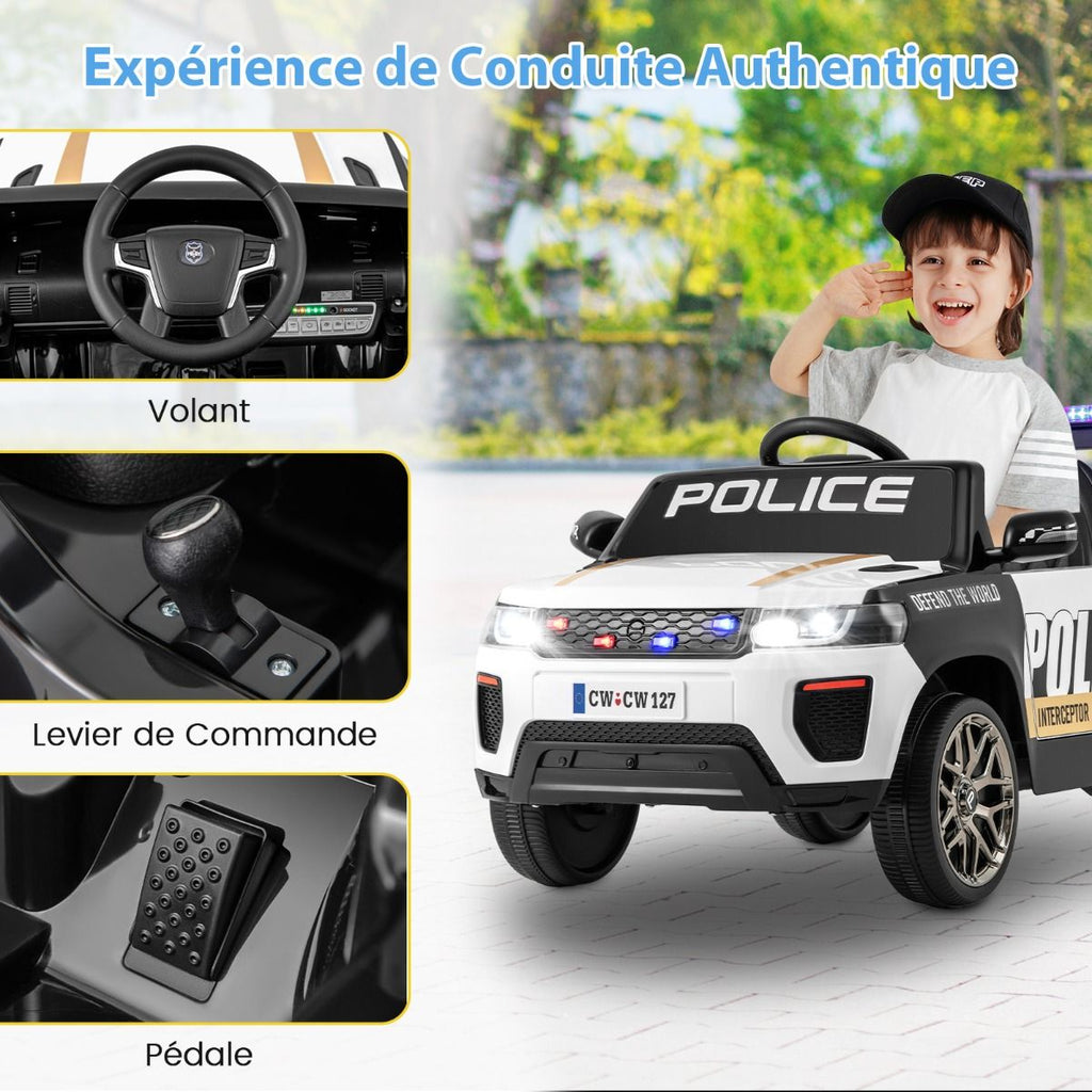 Voiture de Police Electrique Alimente par Batterie 12 V/7 A Tlcommande Connexion Sans Fil Musique Klaxon Sirne Lumires LED Blanc -
