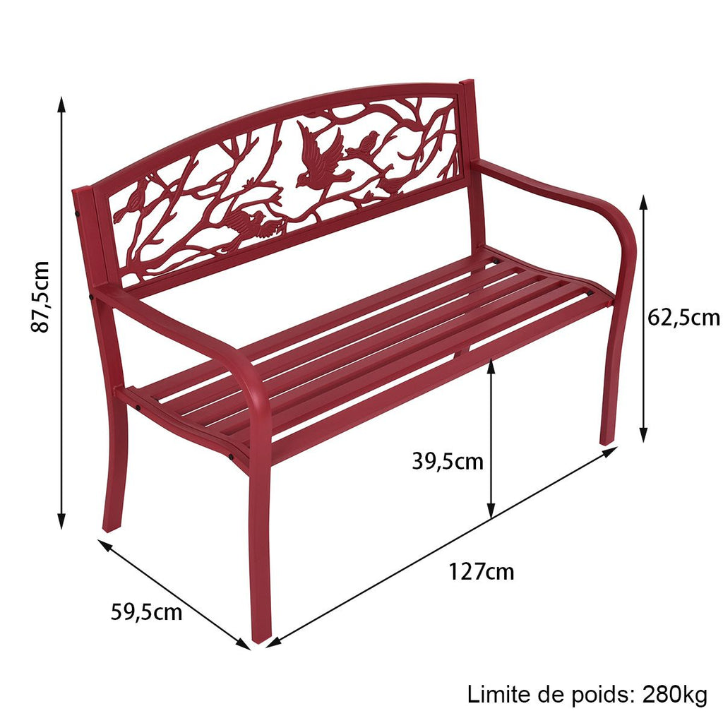 Banc de Jardin en Fer Résistant de Haute Qualité Style Contemporain 2-3 Places Parfait pour Extérieur 127x60x88cm Rouge -