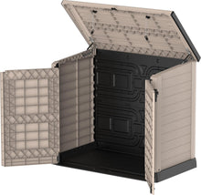 Load image into Gallery viewer, Duramax StoreAway 1200L Plastic Garden Shed/ Flat Lid,Outdoor Storage Shed,Wheelie Bin Hideaways,Wheelie bin box,Durable Construction,Ideal for Bikes,BBQs &amp; 2x 240L Bins,145x85x125 cm,Brown