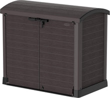 Load image into Gallery viewer, Duramax StoreAway 1200L Plastic Garden Shed/ Flat Lid,Outdoor Storage Shed,Wheelie Bin Hideaways,Wheelie bin box,Durable Construction,Ideal for Bikes,BBQs &amp; 2x 240L Bins,145x85x125 cm,Brown
