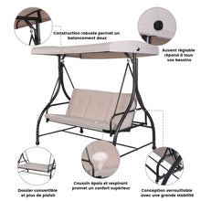 Load image into Gallery viewer, Balancelle d'Extérieur Convertible Jardin Porche Avec Sièges à Coussins Auvent Réglable et Cadre en Métal Enduit Hamac 3 Places Beige -