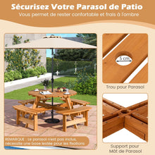 Load image into Gallery viewer, Ensemble Table de Pique-Nique en Bois pour 2 à 8 Personnes Set Table et Banc Circulaire avec 4 Bancs Intégrés Trou de Parasol de 5cm Marron/Jaune -